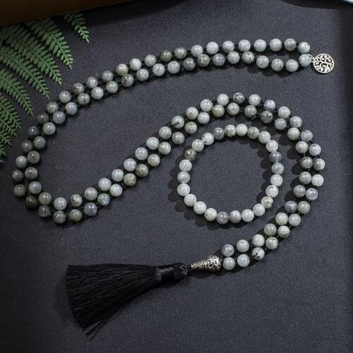 8mm Natural White Labradorite Mala Necklace Meditation Yoga Spirit Jewelry 108 Japamala Men and Women Tree of Life Rosary