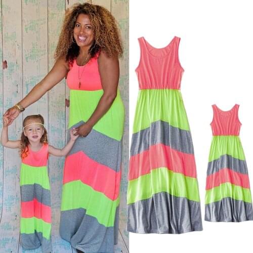 Mom and Daughter Costume Dress Summer Sleeveless Solid Color Stitching Dress Family Matching Outfits Woman Girl Casual Dress