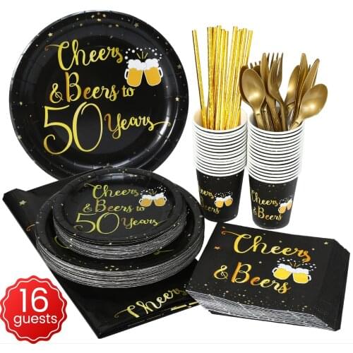 50th Cheers Beers Birthday Party Supplies Black Gold Tablewares Plates Napkins Dinnerware Mugs Graduation Wedding Decoration