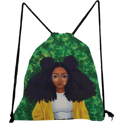 Green Leaf Afro Girls Printed Backpack Ropes Pretty Casual Drawstring Bag Unisex Eco Travel Bag High Capacity Shoe Bag to School