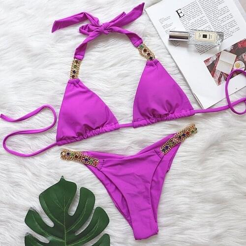Sexy Solid Purple Bikini 2021 Women Halter Rhinestones Push Up Padded Thong Swimsuit Chain Metal Bathing Suit Thong Swimwear