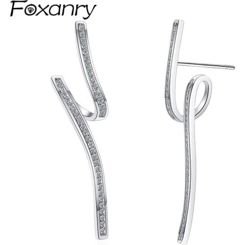 Foxanry Prevent Allergy 925 Sterling Silver Stud Earrings New Trendy Elegant Simple Bride Jewelry Wavy Lines Zircon Accessories