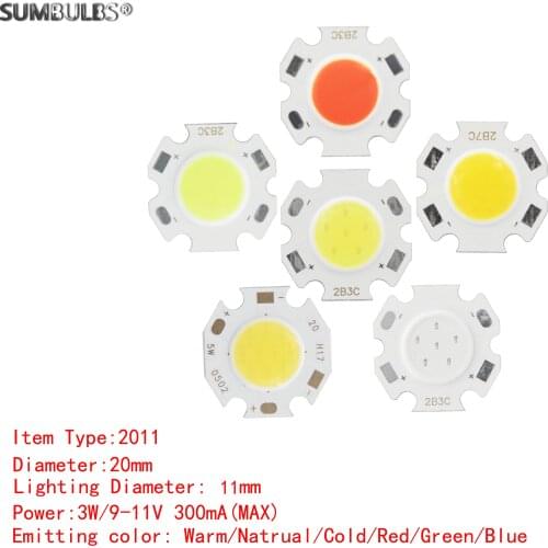 Sumbulbs 10pcs 20mm diameter 2011 3W 9v DC Round LED COB Light Source For Spotlight Down lighting Red Blue Green warm White