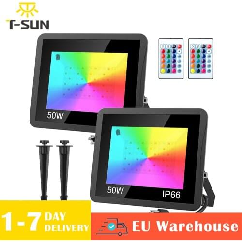 T-SUN LED Spotlight Outdoor 50W/100W RGB Flood Light US/EU/UK Plug LED Floodlight With Color Remote Controller IP65 Waterproof
