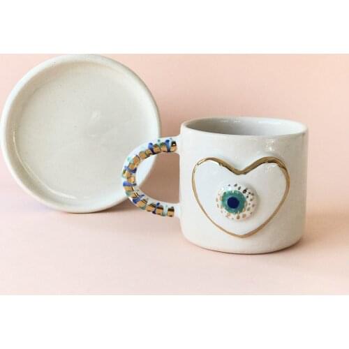 Handmade high quality ceramic Heart Evil Eye Design Coffee Cup and Saucer Office Cup Unique Gift Birthday Special