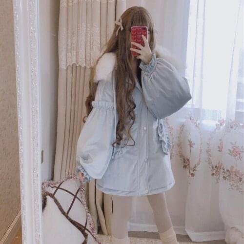 Japanese cute Lolita coat winter velvet thick fur collar coat coat Princess Kawaii Girl Women long sleeve zipper warm Overcoat