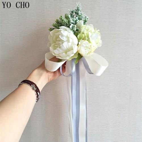 YO CHO DIY Home Decoration Accessories Bridesmaid Bouquet Wedding Decor Silk Ribbon Flowers Ivory Silk Flowers Wedding Bouquets