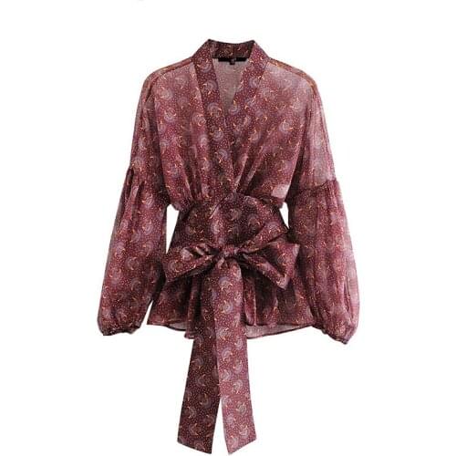Women Shirts Fashion Print With Bow See Through Wrap Vintage V Neck Long Sleeve Female 2021 New Shirts Blusas Chic Tops