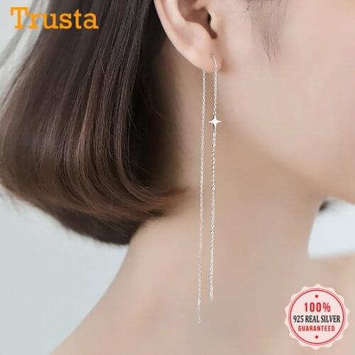 Trustdavis Genuine 925 Sterling Silver Sweet Long Beads Star Chain 25cm Ear Line Earring For Women Wedding S925 Jewelry DA1500