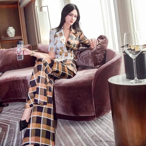 New Arrival Summer Womens Patchwork Plaid Blazer Coat 2 Pieces Set Ladies Jacket Outfit with Wide Leg Pants Fashion Suits Set