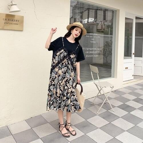 2021 Summer New Korean Simple Black Lace Big Fake Two Piece Sling Dress Loose Casual Plus Size Women T-shirt Dress Free Shipping