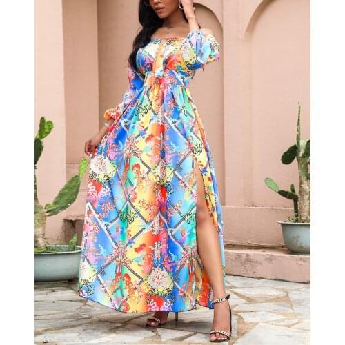 Sexy Women Off Shoudler Strapless Split Dress Vintage Floral Print Maxi Long Sleeve Dress Clubwear Party Dresses Vestido 3XL