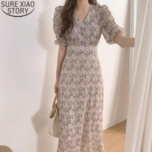 Elegant 2021 Summer Korean Style vintage Floral Print High Waist V-neck Short Sleeve Fashion Casual Ankle-length Dresses 9813