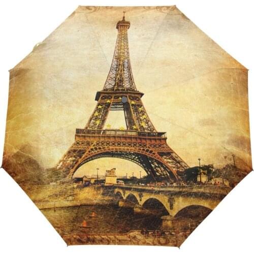 Umbrella Rain Parasol Fully Automatic Women Umbrella Vintage Romantic Eiffel Tower Painting Umbrellas Folding Sunshade Parapluie