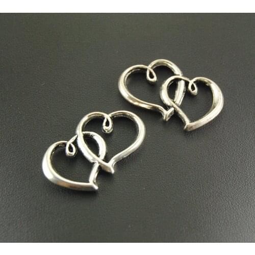 10pcs Silver Color Heart To Heart Connector Charms Alloy Double Heart Charm For DIY Jewelry Making Findings 33x20mm A530