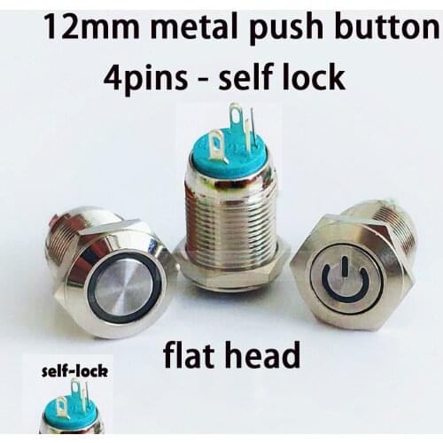 12mm Metal Button Switch Panel Hole latching Power Push Button flat round Head 4pins LED light Self-Lock waterproof switch