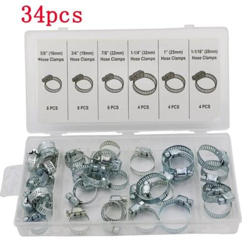 34PCS Stainless Steel Pipe Clips Hose Clamp Fit for Throat Hoop Hose Hoops Throat Reed Fasteners Wat Tube Clamp Hoop with Box