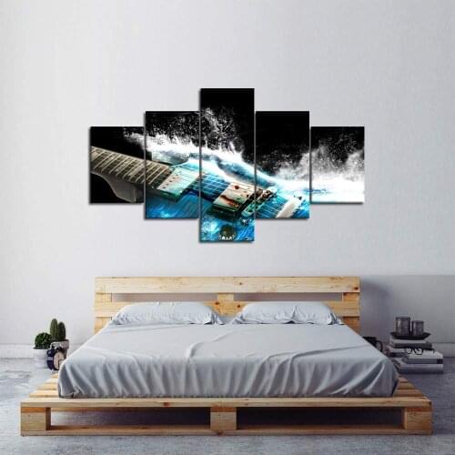 Canvas HD Prints Pictures Wall Art For Living Room Home Decor 5 Pieces Blue Electric Guitar Painting Rock Music Poster Framework