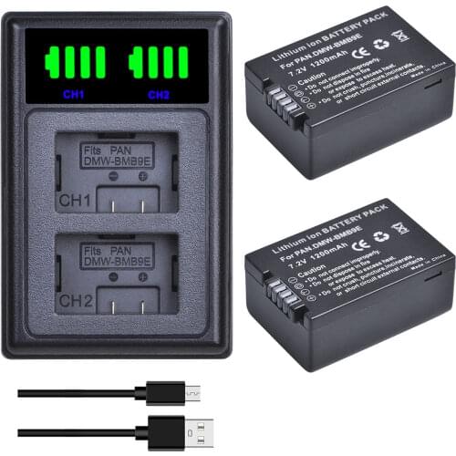 2Pcs DMW-BMB9 BMB9 Batteries + LED Dual Charger with Type C Port for Panasonic DMC-FZ40K FZ45K Z47K FZ48K FZ60 FZ70 FZ100 FZ150