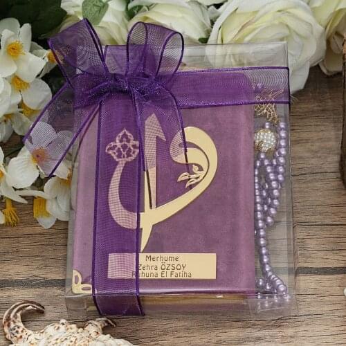 Pocket Size Velvet Covered Quran Plexilic Lilac, Pearl Rosary Lilac, Mawlid Package witFREE SHİPPİNG