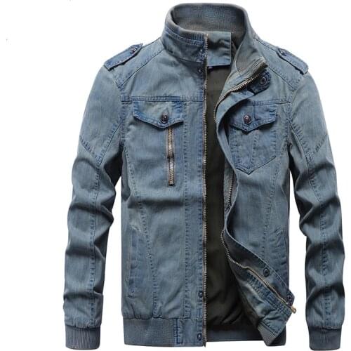 Brand Clothing 2020 Military Tactical Jeans jacket Men Casual Vintage Solid Stand Collar Mens Denim Bomber Jacket Plus Size 6XL