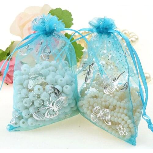 Butterfly Lake Blue Bronzing Organza Packaging Jewelry Bags Small Packaging Bags Sheer Organza Pouch 9x12cm 100pcs/lot Wholesale