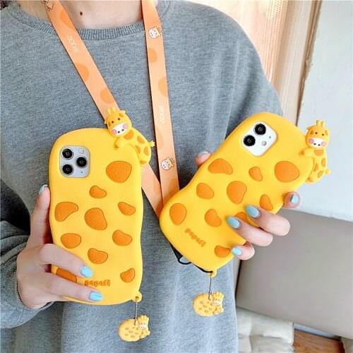Cute Cartoon Giraffe Doll Crossbody Phone Case For iPhone 12Pro MAX XS MAX 11Pro MAX XR X 6 7 8Plus 3D Animal Lanyard Soft Cover