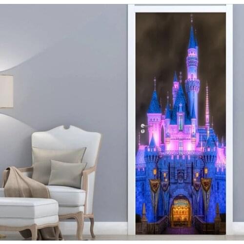 Childrens Bedroom Door Sticker 3D Lighting Nightscape Fairy Tale Castle Mural Wallpaper Christmas Home Door Poster Pvc Stickers