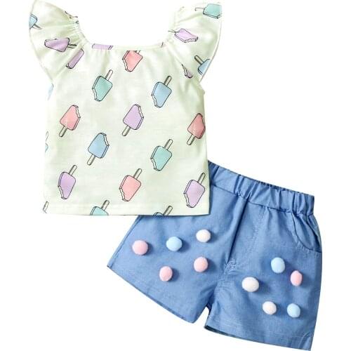 Cute Infant Baby Girl Summer Outfits Popsicle Print Short Sleeve T-Shirt+Solid Color Shorts with Pom Poms Lovely Toddlers Sets