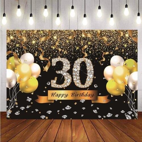 Happy 30th Birthday Backdrop Black Gold Diamand Mens Party Photography Background Photo Studio Decorations Supplies