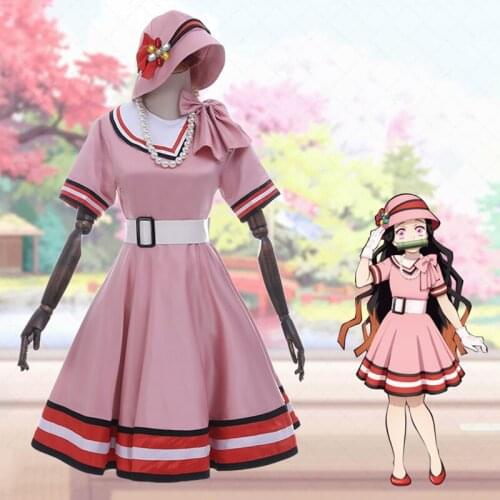 Anime Comic Demon Slayer Kimetsu No Yaiba Cosplay Costumes Kamado Nezuko Cosplay Costume Dresses daily Clothes Pink Sundress