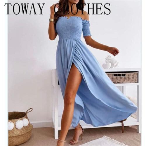 Summer Women Solid Off Shoulder Short Sleeve Shirred High Slit Maxi Dress