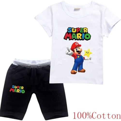 Mario Kids Cartoon Outfits Baby Girls Summer Suits 2-16 Years Children Clothing T-shirt + Pants tracksuit girls set
