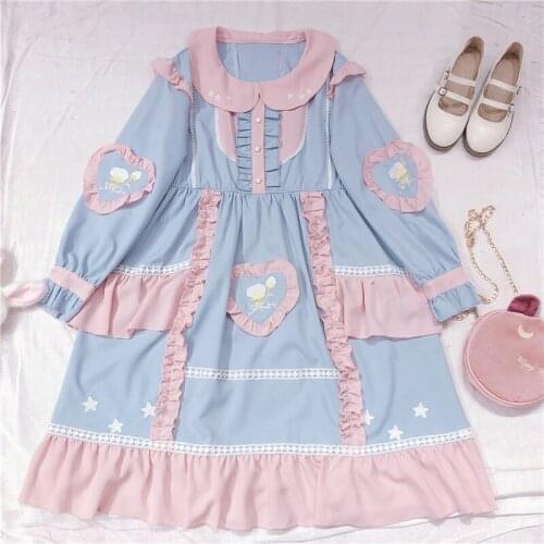 Sweet Lolita Mori Girl Flower Star Embroidery Fancy Dolly Dress Kawaii Doll Collar Ruffles Princess OP Dress Spring Female