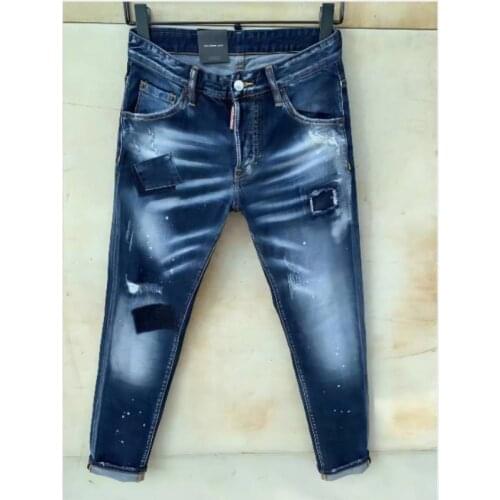 New Tattered Paint Stitching Mens Slim Stretch Jeans Light Blue Embroidered Motorcycle Pants 9111