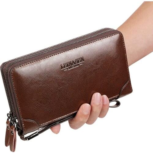 Men Vintage Genuine Leather Zipper Wallet Clutch Purse Phone Case Driving Licence Bank Credit ID Card Holders Coin Pocket Bag