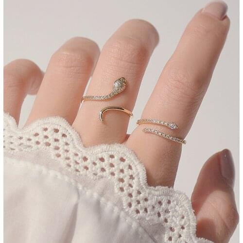 Delicate Jewelry 14K Gold Plated Adjustable Crystal Snake Rings for Women Simple Style Cubic Zircon Unique Rings