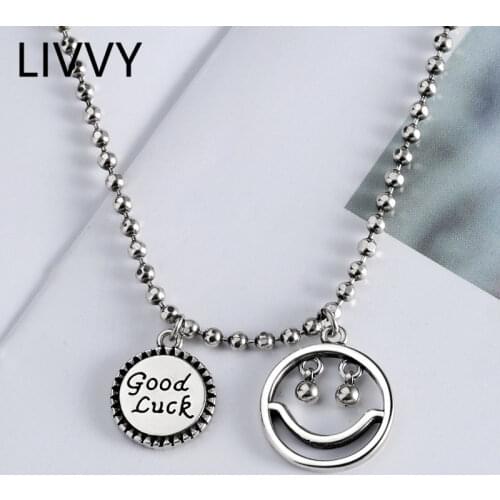 LIVVY Silver Color Good Luck Letter Hollow Smiling Face Necklace New Fashion Vintage Punk Party Jewelry Gifts For Women