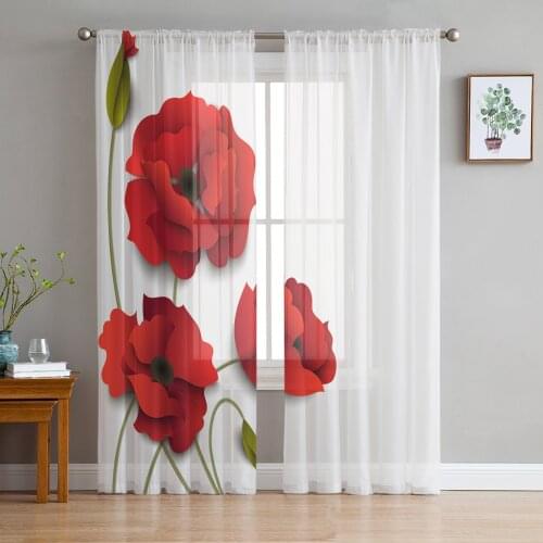 Red Poppy Flower Sheer Curtains Window Curtains for Living Room Bedroom Blinds Kids Room Home Decor