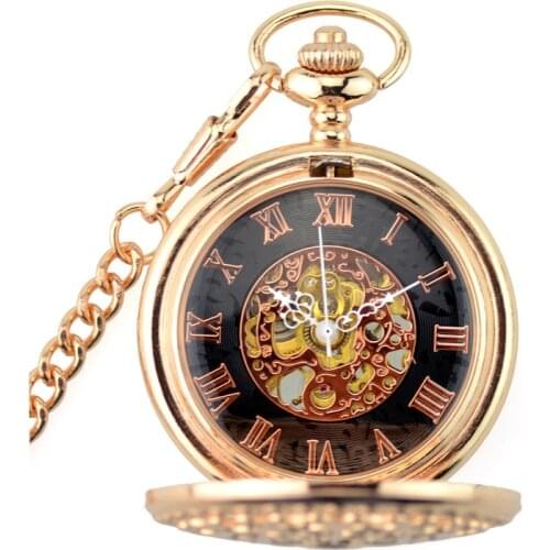 Retro Rose Gold Skeleton Magnifier Mechanical Hand Wind Pocket & Fob Watches Mens Watch Women Watch Pendant Full Hunter Gift