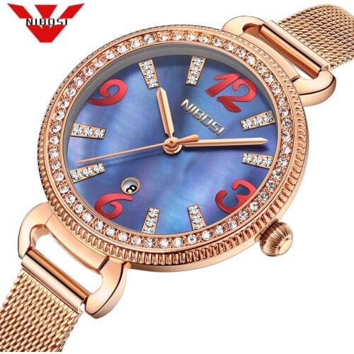 NIBOSI Luxury Diamond Ladies Watches 2021 Top Brand Fashion Women Quartz Wrist Watch Rose Gold Mesh Bracelet Watch For Women