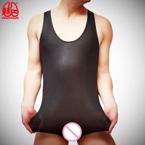 Sexy Men Plus Size Snake Shiny Lycra Bodysuit High Cut Bottom Underwear See Through V Neck Bodywear Night Club Gay Wear F35