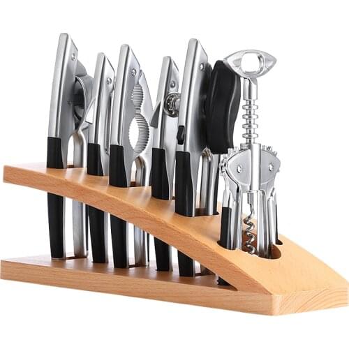 7PCS Zinc Alloy Wine Bottle Jar Opener Corkscrew Peeler Garlic Press Nut Cracker with Wood Stand Kitchen Accessories Tools