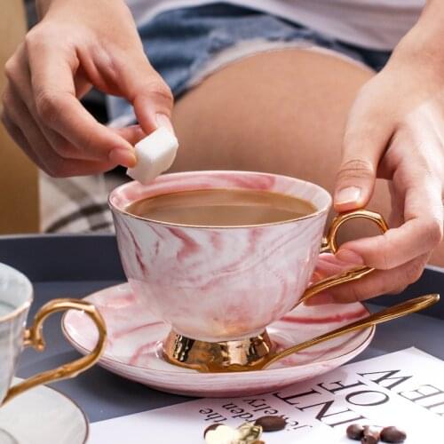 Nordic Marble-print Phnom Penh Ceramic Coffee Cup Dish Set with Spoon with Handle with Tray Afternoon Flower Tea Set
