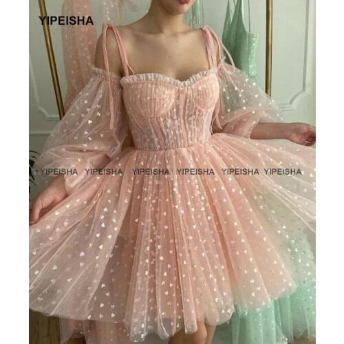 Yipeisha Blush Mini Prom Dresses Puff Sleeves Printed Hearts Tulle Short Party Gowns A-line Formal Cocktail Dress