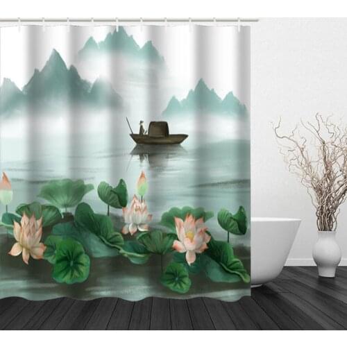 Summer Fresh Lotus Pattern Shower Curtain and Hook Modern Polyester New Design Bathroom Home Decoration