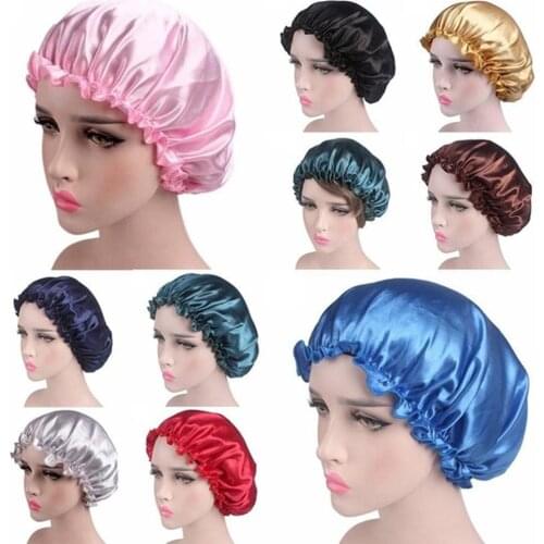 Women Elastic Satin Lace Solid Color Night Sleep Hat Chemotherapy Hair Care Cap