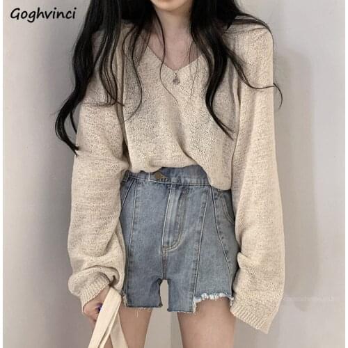Women Pullovers V-neck Long Sleeve Knitting Sweaters Loose Solid Sweet Korean Style Girls Elegant Fashion All-match Chic Casual