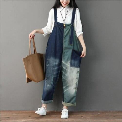 Woman Distressed Scratch Denim Bib Pants Stitching Colorblock Denim Ripped Bib Pants Casual Loose Jumpsuit
