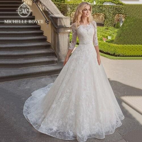 Michelle Royce A-Ling Wedding Dresses 2020 Scoop Cut Out There Quarter Sleeve Beaded Bow Lace Up Court Train Vestido De Novia